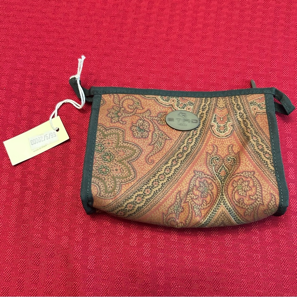 Vintage Etro NWT Makeup Pouch Dated 2/5/99 Made In Italy Paisley Dark Green Trim